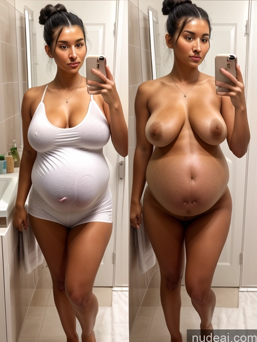 ai nude image of pregnant woman taking selfie in mirror with cell phone in bathroom pics of Woman One Perfect Boobs Perfect Body Pubic Hair Pregnant Tanned Skin 18 Black Hair Hair Bun Spanish Mirror Selfie Bathroom Front View Stylish Detailed Onoff