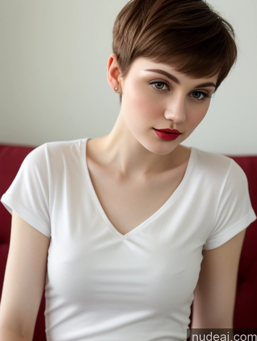 ai nude image of arafed woman with short hair and red lipstick sitting on a red couch pics of Small Tits Beautiful Lipstick Skinny Fairer Skin 18 Brunette Pixie Russian Close-up View Shirt