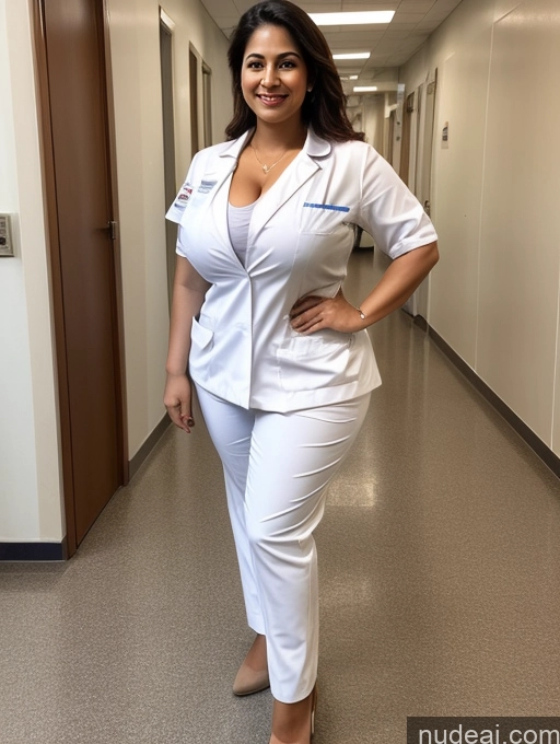 ai nude image of arafed woman in white scrub suit standing in a hallway pics of Huge Boobs Big Ass Big Hips 30s Skinny Abs Happy Indian Hospital Doctor Detailed Cleavage Muffin Top