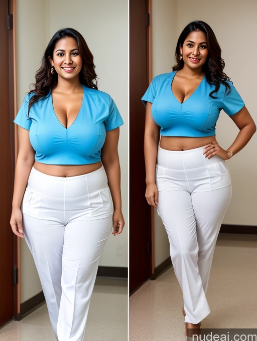 ai nude image of arafed woman in a blue top and white pants posing for a picture pics of Huge Boobs Big Ass Big Hips 30s Skinny Abs Happy Indian Hospital Doctor Detailed Cleavage Muffin Top