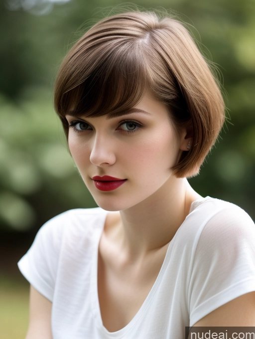 ai nude image of arafed woman with short brown hair and red lipstick posing for a picture pics of Small Tits Beautiful Lipstick Skinny Fairer Skin 18 Brunette Russian Close-up View Shirt Short Hair