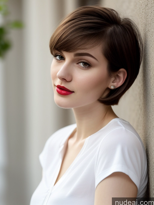 ai nude image of arafed woman with short hair and red lipstick leaning against a wall pics of Small Tits Beautiful Lipstick Skinny Fairer Skin 18 Brunette Russian Close-up View Shirt Short Hair