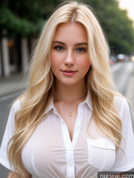 ai nude image of blonde woman with long hair and white shirt posing for a picture pics of Model One Perfect Boobs Beautiful Thick Fairer Skin 18 Blonde Long Hair Detailed Persian Close-up View Street Shirt