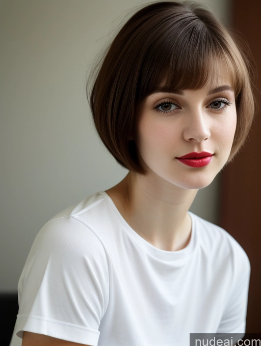 ai nude image of arafed woman with short hair and red lipstick looking at the camera pics of Small Tits Beautiful Lipstick Skinny Fairer Skin 18 Brunette Russian Close-up View Shirt Short Hair