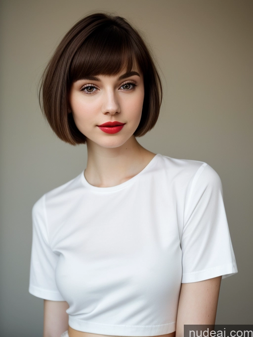 ai nude image of arafed woman with short hair and a white shirt posing for a picture pics of Small Tits Beautiful Lipstick Skinny Fairer Skin 18 Brunette Russian Close-up View Shirt Short Hair