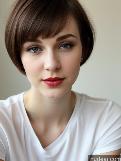 ai nude image of there is a woman with a short hair and a white shirt pics of Small Tits Beautiful Lipstick Skinny Fairer Skin 18 Brunette Russian Close-up View Shirt Short Hair