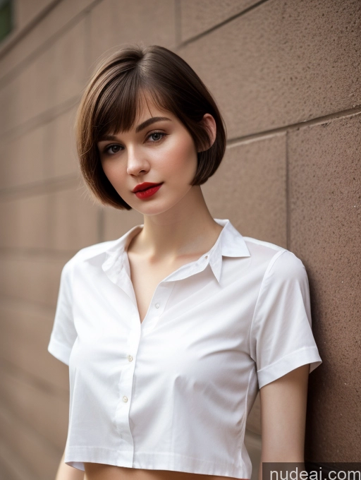 ai nude image of arafed woman in white shirt and red lipstick leaning against a wall pics of Small Tits Beautiful Lipstick Skinny Fairer Skin 18 Brunette Russian Close-up View Shirt Short Hair