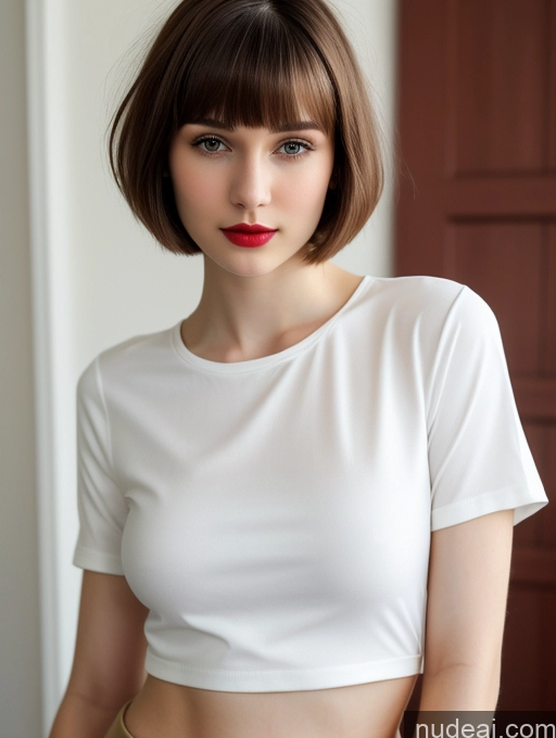 ai nude image of arafed woman with a white shirt and a red lip pics of Small Tits Beautiful Lipstick Skinny Fairer Skin 18 Brunette Russian Close-up View Shirt Short Hair