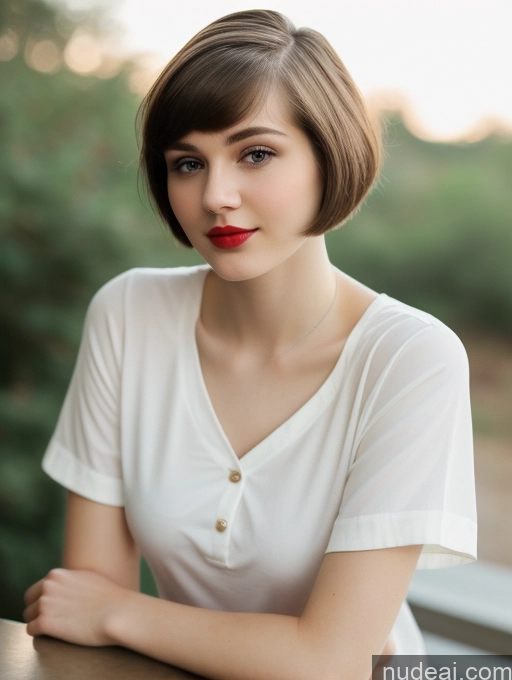 ai nude image of arafed woman with short hair and red lipstick sitting at a table pics of Small Tits Beautiful Lipstick Skinny Fairer Skin 18 Brunette Russian Close-up View Shirt Short Hair