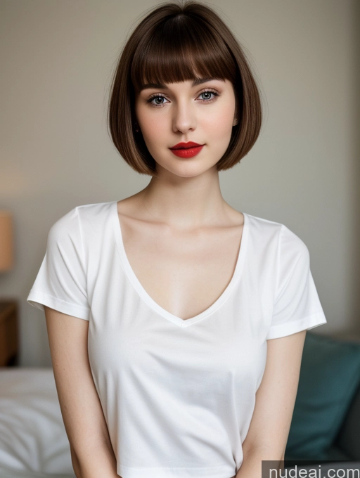 ai nude image of arafed woman with a white shirt and red lipstick posing for a picture pics of Small Tits Beautiful Lipstick Skinny Fairer Skin 18 Brunette Russian Close-up View Shirt Short Hair