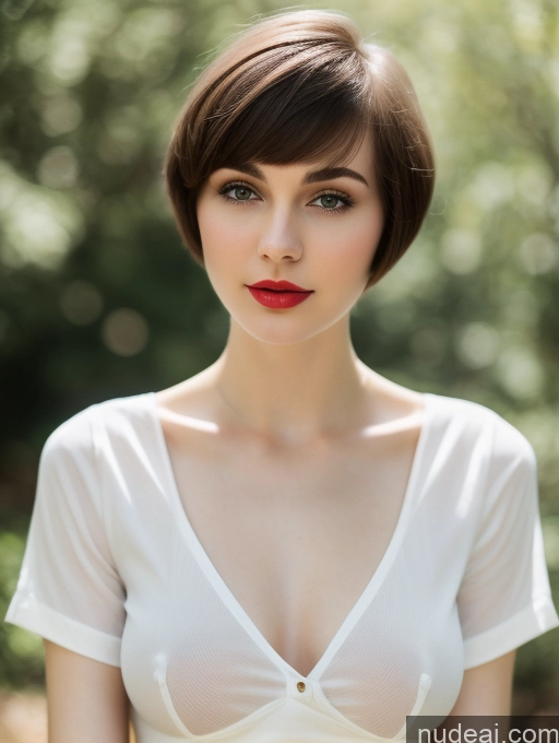 ai nude image of arafed woman with a white top and red lipstick posing for a picture pics of Small Tits Beautiful Lipstick Skinny Fairer Skin 18 Brunette Russian Close-up View Shirt Short Hair