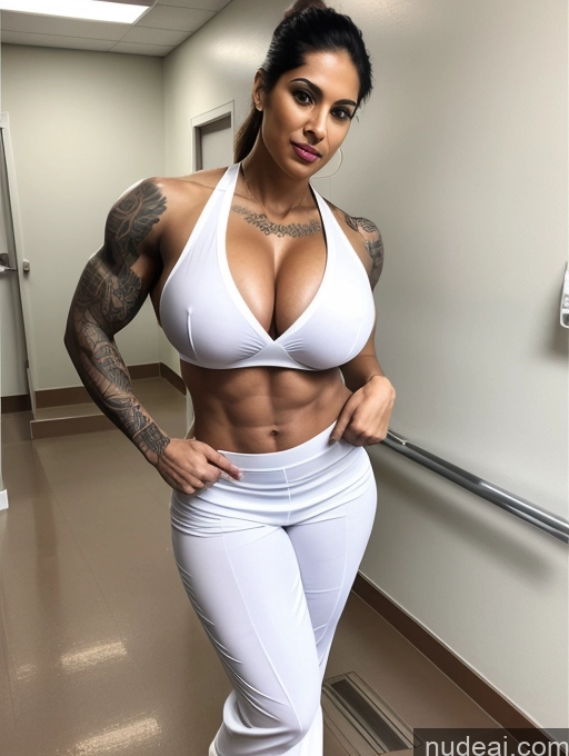 ai nude image of arafed woman in white pants and a white top posing for a picture pics of Huge Boobs Tattoos Lipstick Big Ass Big Hips Long Legs Skinny Hospital Doctor Bodybuilder Indian