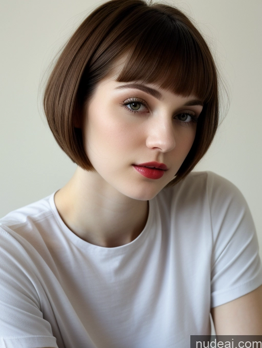 ai nude image of arafed woman with short brown hair and a white shirt pics of Small Tits Beautiful Lipstick Skinny Fairer Skin 18 Brunette Russian Close-up View Shirt Short Hair