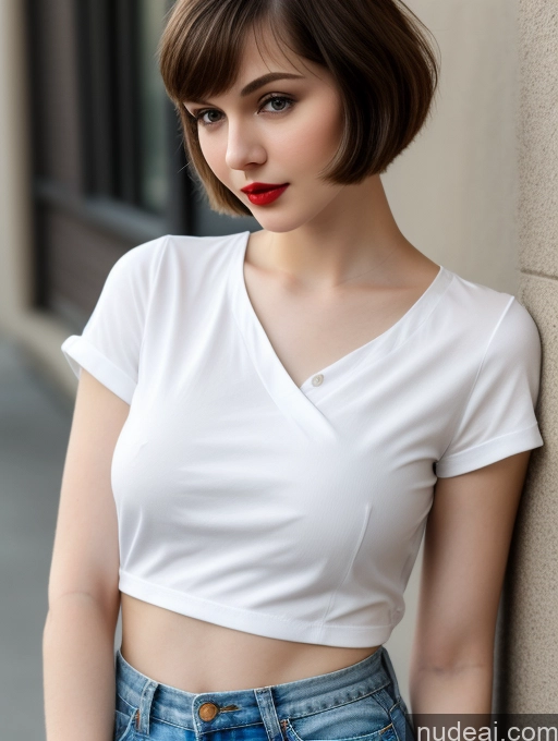 ai nude image of arafed woman with short hair and a white shirt leaning against a wall pics of Small Tits Beautiful Lipstick Skinny Fairer Skin 18 Brunette Russian Close-up View Shirt Short Hair