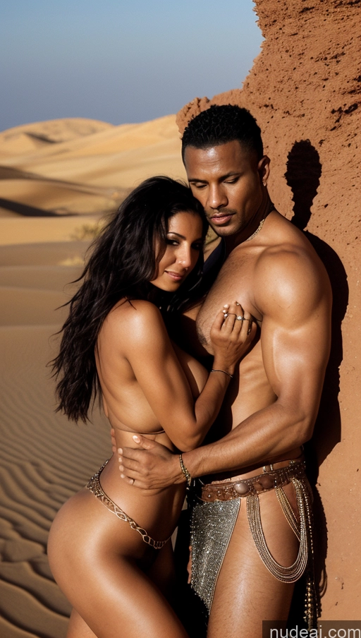 ai nude image of arafed man and woman in a desert pose for a picture pics of Busty Huge Boobs Muscular Big Ass Pubic Hair Tanned Skin 60s Nigerian Desert Traditional Long Legs Fantasy Armor Dark Lighting Partially Nude Woman + Man Dynamic View Several