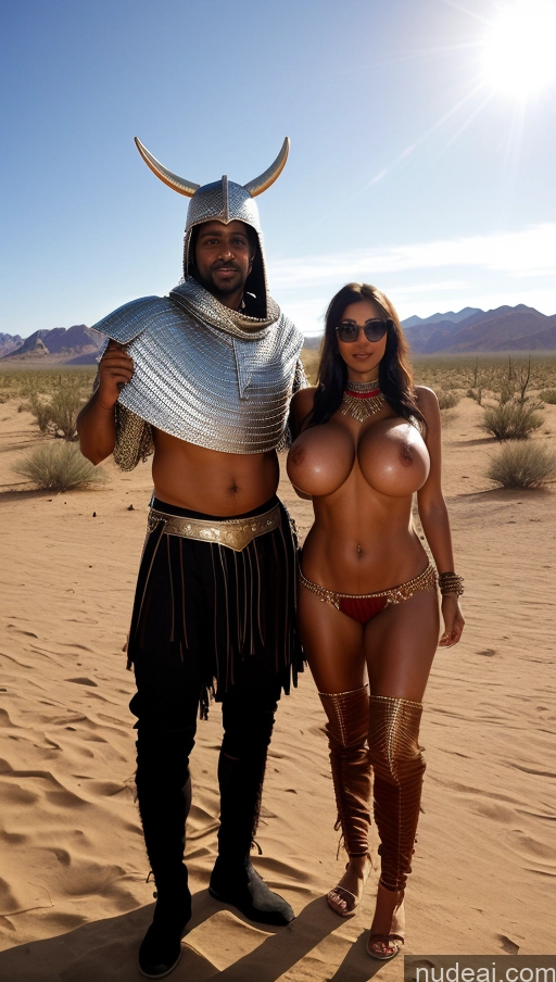 ai nude image of there is a man and woman dressed up in costumes in the desert pics of Busty Huge Boobs Muscular Big Ass Pubic Hair Tanned Skin 60s Nigerian Desert Traditional Long Legs Fantasy Armor Dark Lighting Partially Nude Woman + Man Dynamic View Several