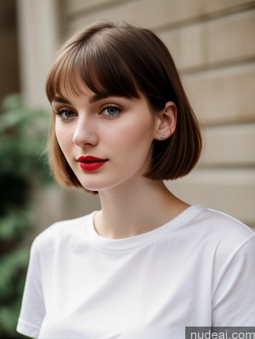 ai nude image of arafed woman with a red lip and a white shirt pics of Small Tits Beautiful Lipstick Skinny Fairer Skin 18 Brunette Russian Close-up View Shirt Bobcut