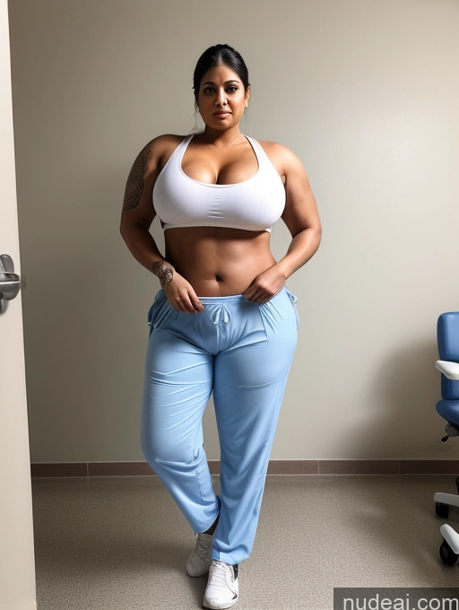 ai nude image of arafed woman in a white top and blue pants posing for a picture pics of Huge Boobs Tattoos Lipstick Big Ass Big Hips Long Legs Hospital Bodybuilder Indian Nurse 30s Fat Cleavage Muffin Top