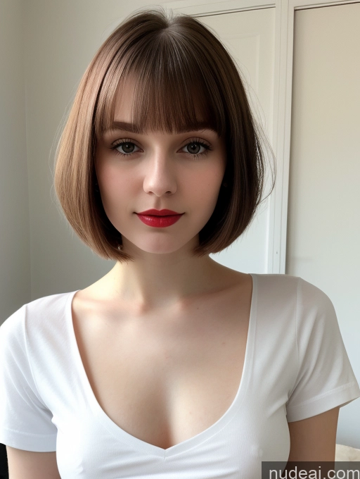 ai nude image of arafed woman with a white shirt and red lipstick posing for a picture pics of Small Tits Beautiful Lipstick Skinny Fairer Skin 18 Brunette Russian Close-up View Shirt Bobcut