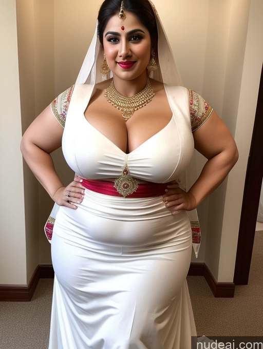 ai nude image of a woman in a white dress and a red belt posing for a picture pics of Huge Boobs Lipstick Muscular Big Ass Abs Chubby Fairer Skin Traditional Wedding Indian