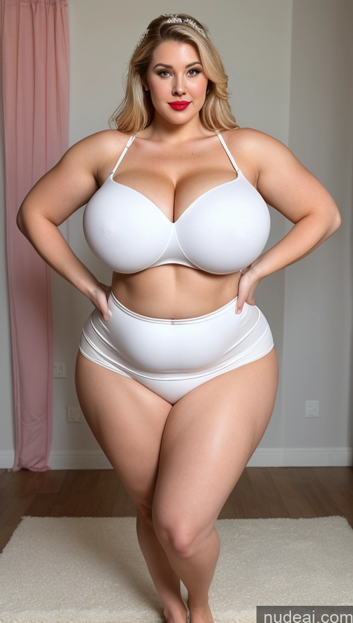 ai nude image of araffe woman in white underwear posing for a picture in a room pics of Huge Boobs Lipstick Big Ass Abs Chubby Fairer Skin Wedding Blonde T-pose