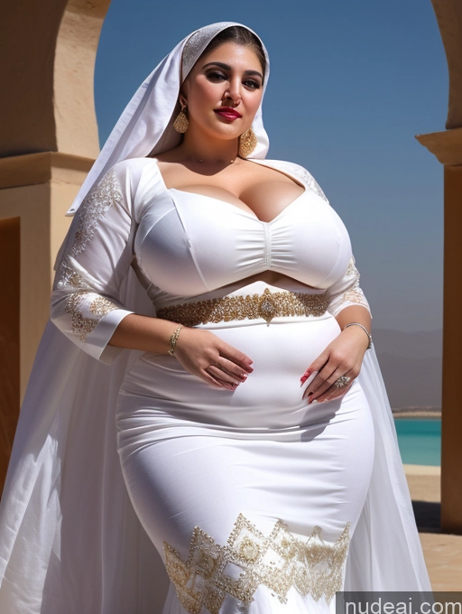 ai nude image of a pregnant woman in a white dress and veil posing for a picture pics of Huge Boobs Lipstick Muscular Big Ass Abs Chubby Fairer Skin Traditional Wedding Arabic