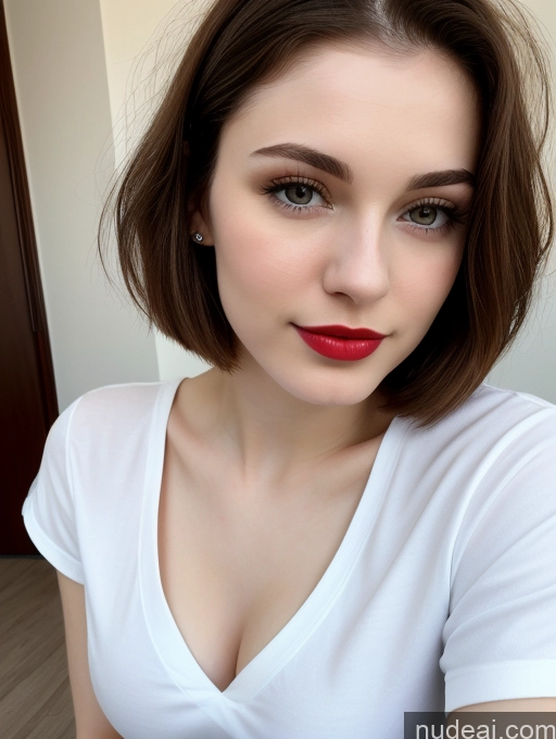 ai nude image of there is a woman with a red lipstick and a white shirt pics of Small Tits Beautiful Lipstick Skinny Fairer Skin 18 Brunette Russian Close-up View Shirt Bobcut