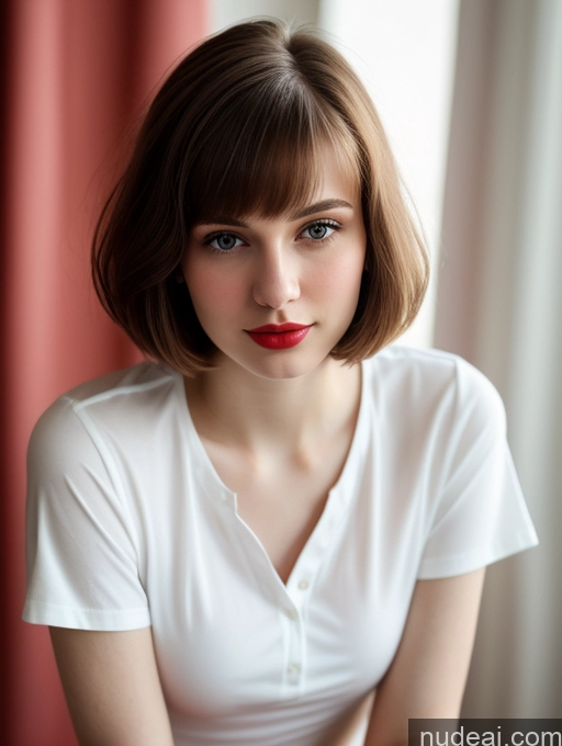 ai nude image of arafed woman with a red lip and a white shirt pics of Small Tits Beautiful Lipstick Skinny Fairer Skin 18 Brunette Russian Close-up View Shirt Bobcut