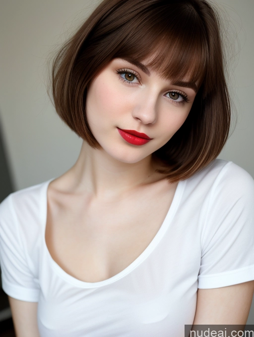 ai nude image of arafed woman with a red lip and a white shirt pics of Small Tits Beautiful Lipstick Skinny Fairer Skin 18 Brunette Russian Close-up View Shirt Bobcut