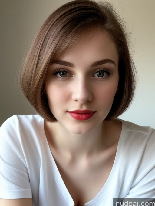 ai nude image of arafed woman with a white shirt and red lipstick posing for a picture pics of Small Tits Beautiful Lipstick Skinny Fairer Skin 18 Brunette Russian Close-up View Shirt Bobcut