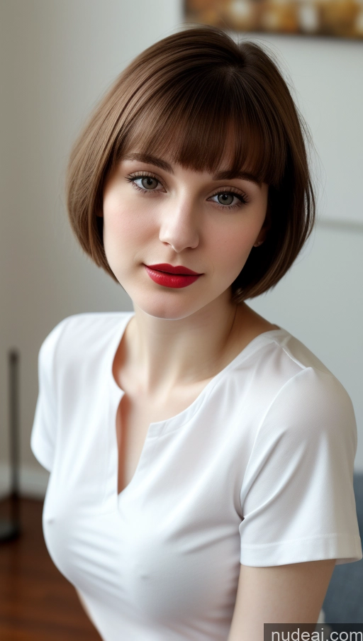 ai nude image of arafed woman with short brown hair and red lipstick posing for a picture pics of Small Tits Beautiful Lipstick Skinny Fairer Skin 18 Brunette Russian Close-up View Shirt Bobcut