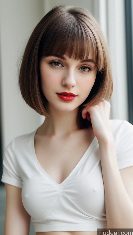 ai nude image of arafed woman with a red lip and a white shirt pics of Small Tits Beautiful Lipstick Skinny Fairer Skin 18 Brunette Russian Close-up View Shirt Bobcut