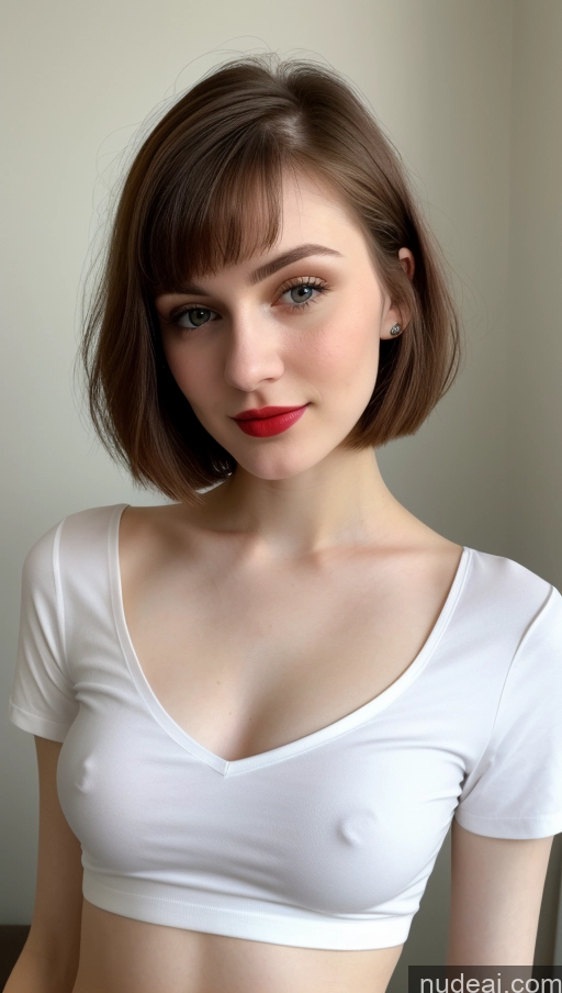 ai nude image of arafed woman with a white shirt and red lipstick posing for a picture pics of Small Tits Beautiful Lipstick Skinny Fairer Skin 18 Brunette Russian Close-up View Shirt Bobcut