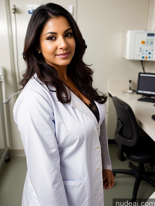 ai nude image of arafed woman in a lab coat standing in front of a computer pics of Woman Busty Beautiful Thick Pubic Hair 50s Seductive Black Hair Indian Skin Detail (beta) Hospital Doctor Detailed Lab Coat Cleavage