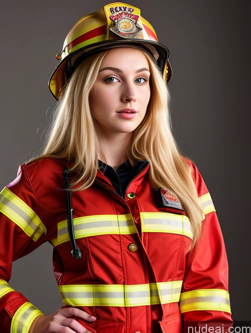 ai nude image of arafed woman in a firefighter's uniform posing for a picture pics of Model One Perfect Boobs Beautiful Thick Fairer Skin 18 Blonde Long Hair Perfect Body Russian Front View Firefighter