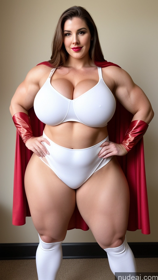 ai nude image of araffe woman in a white underwear and red cape posing for a picture pics of Lipstick Big Ass Abs Chubby Fairer Skin Huge Boobs Muscular Superhero