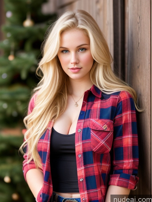 ai nude image of arafed blonde woman in a red and blue plaid shirt leaning against a wooden wall pics of Model One Perfect Boobs Beautiful Thick Fairer Skin 18 Blonde Long Hair Perfect Body Russian Front View Lumberjack