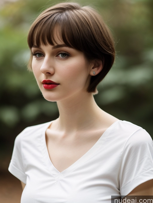 ai nude image of arafed woman with a red lip and a white shirt pics of Small Tits Beautiful Lipstick Skinny Fairer Skin 18 Brunette Russian Close-up View Shirt Short Hair