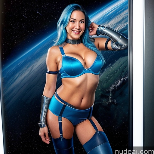 ai nude image of arafed woman in blue lingerie posing in front of a space backdrop pics of Small Tits Perfect Boobs Perfect Body 30s Happy Blue Hair Suspender Belt Push-up Bra Sci-fi Armor Space Suit One Athlete