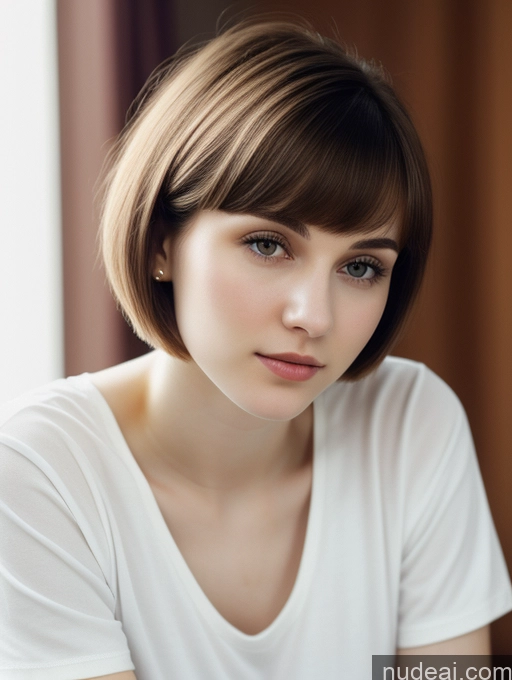 ai nude image of arafed woman with short hair and a white shirt looking at the camera pics of Small Tits Beautiful Skinny Fairer Skin 18 Brunette Russian Close-up View Shirt Short Hair