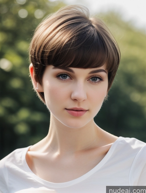 ai nude image of there is a woman with a short haircut and a white shirt pics of Small Tits Beautiful Skinny Fairer Skin 18 Brunette Russian Close-up View Shirt Short Hair