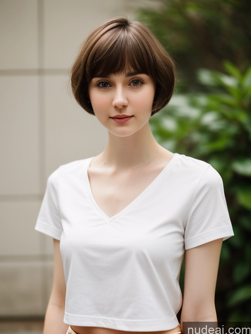 ai nude image of arafed woman with short hair wearing a white shirt and tan pants pics of Small Tits Beautiful Skinny Fairer Skin 18 Brunette Russian Close-up View Shirt Short Hair