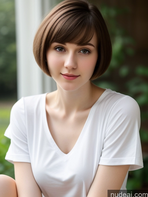 ai nude image of arafed woman with short brown hair and white shirt sitting on a porch pics of Small Tits Beautiful Skinny Fairer Skin 18 Brunette Russian Close-up View Shirt Short Hair