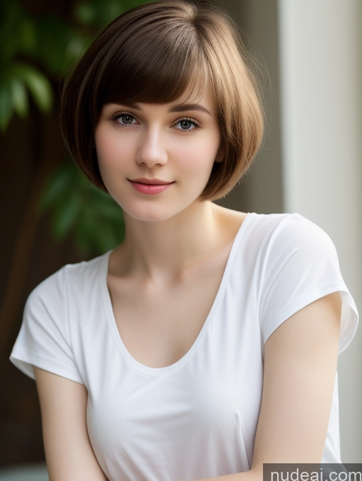 ai nude image of arafed woman with short hair and a white shirt posing for a picture pics of Small Tits Beautiful Skinny Fairer Skin 18 Brunette Russian Close-up View Shirt Short Hair