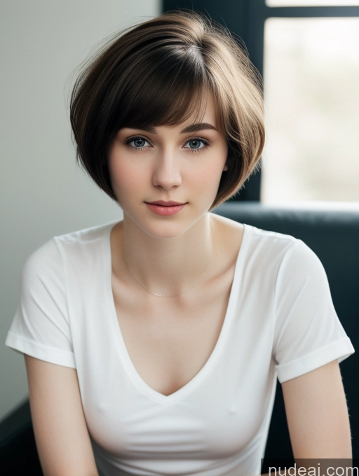 ai nude image of arafed woman with short hair sitting in a chair with a white shirt pics of Small Tits Beautiful Skinny Fairer Skin 18 Brunette Russian Close-up View Shirt Short Hair