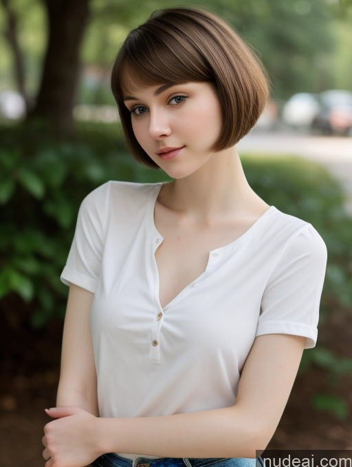 ai nude image of arafed woman with short hair and a white shirt posing for a picture pics of Small Tits Beautiful Skinny Fairer Skin 18 Brunette Russian Close-up View Shirt Short Hair