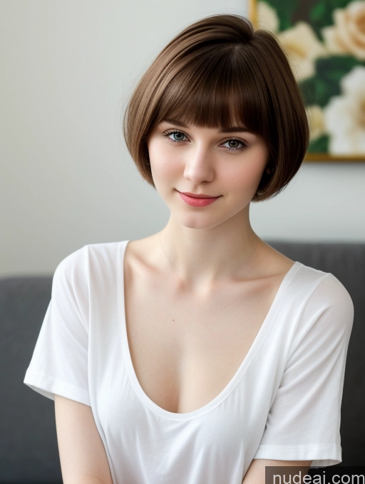 ai nude image of arafed woman with short brown hair and a white shirt pics of Small Tits Beautiful Skinny Fairer Skin 18 Brunette Russian Close-up View Shirt Short Hair