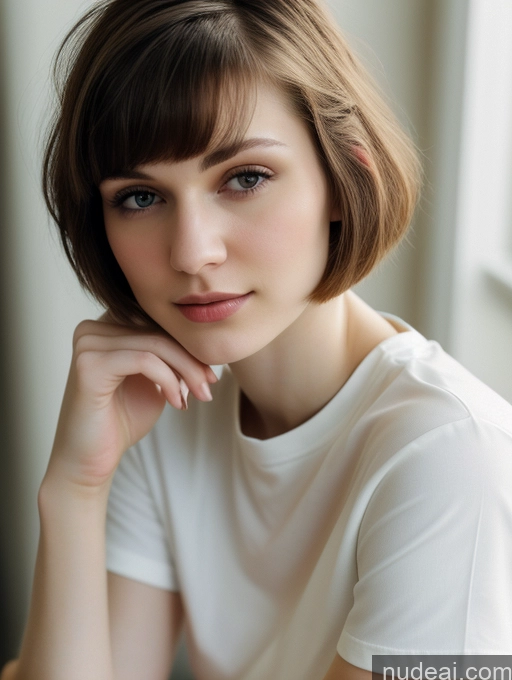 ai nude image of arafed woman with short hair and a white shirt posing for a picture pics of Small Tits Beautiful Skinny Fairer Skin 18 Brunette Russian Close-up View Shirt Short Hair