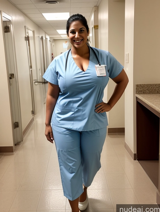 ai nude image of arafed woman in scrubs standing in a hallway with a name tag on her shirt pics of Bodybuilder Huge Boobs Big Ass Chubby Big Hips 30s Happy Indian Hospital Nurse Cleavage