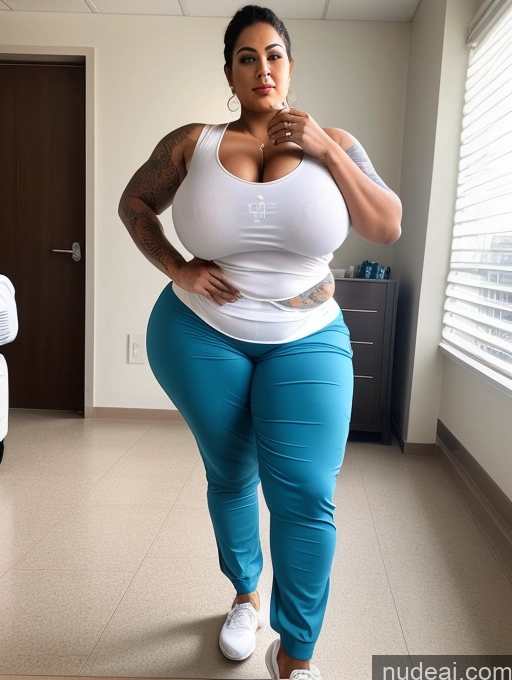 ai nude image of araffe woman in white tank top and blue pants taking a selfie pics of Huge Boobs Tattoos Lipstick Big Ass Big Hips Long Legs Hospital Bodybuilder Indian Nurse 30s Cleavage Chubby